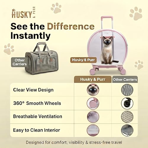 Image of Husky & Purr PopGo Pet Carrier with Wheels for Cats & Small Dogs | Transparent Cat Bag Carrier Trolley with Telescopic Handle | Dog Carrying Bag, Up to 8kgs, Pink