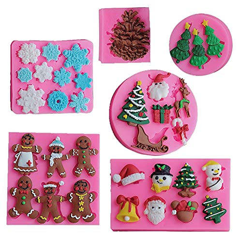 BakingWorld Set of 6 Christmas Fondant Cake Molds, Xmas Tree Santa Claus Snowman Snowflake Pinecones Silicone Mold Set for Chocolate Candy Fondant Polymer Clay Soap & Cupcake Decoration