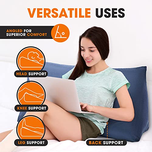 Cheer Collection Wedge Pillow For Sleeping, Headboard Pillow For Reading, And Watching With Soft Velour Cover - Long Bolster Pillow For Back Support, 36" X 12" X 18", Navy Blue #TOP3