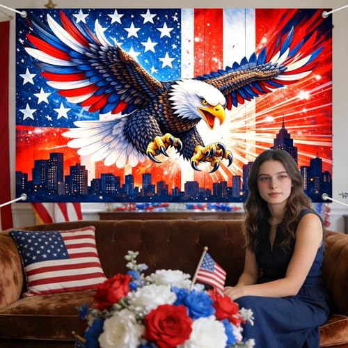 Image of IVN Patriotic Eagle Backdrop Banner 71 x 43 Inch USA Flag Stars Stripes Eagle City Skyline Background Photo Booth Backdrop 4th of July Independence Day Memorial Day Veterans Day Indoor Outdoor Decor