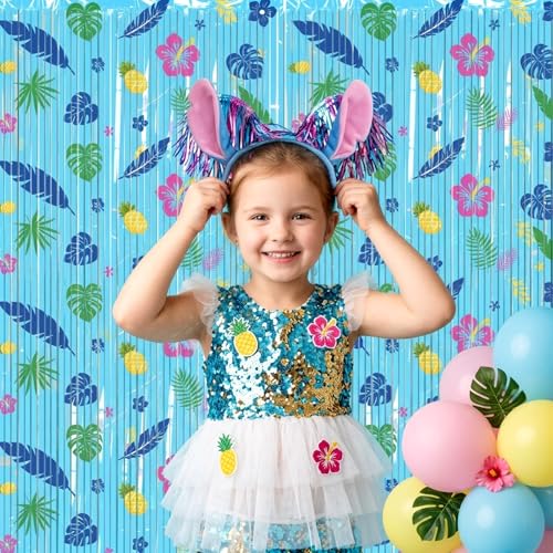 Image of 2 Packs Blue Foil Fringe Curtain, Hawaiian Element Pattern Metallic Tinsel Backdrop for Birthday, Baby Shower, Gender Reveal, Kids Cartoon Party Decorations Favor Supplies