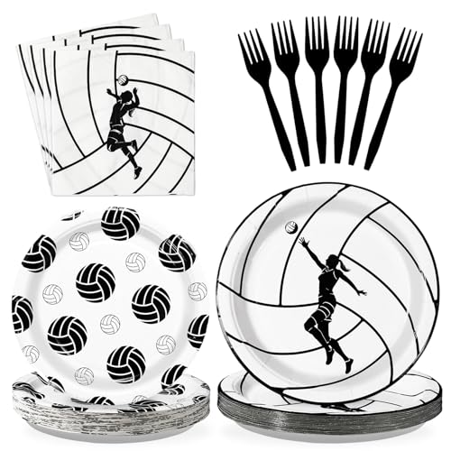 Grencian 96Pcs Volleyball Party Decorations Volleyball Paper Plates and Napkins Sports Theme Disposable Tableware for Girls Birthday Party Supplies Serves 24