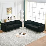 WEALTHGIRL Chenille Sofa Modern Tufted Design Gold Metal Legs Deep Seating High-Density Foam Spring Support Wood Frame Accent Throw Pillows Living Room Apartment Small Space (Black,2 x Couch)
