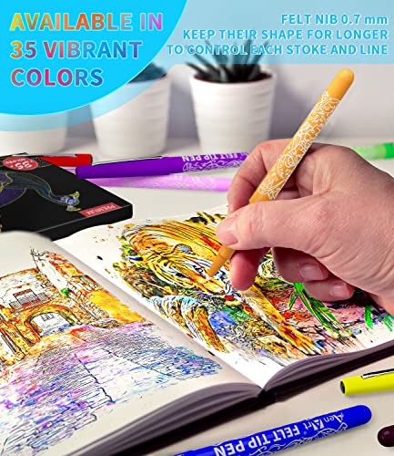 Felt Tip Pens, 35 Colored Fine Point Felt Pen With Fiber Tip, Water-Based Ink, Perfect Markers Pen For Bullet Journaling Adult Coloring, Note Taking At School Office #TOP2