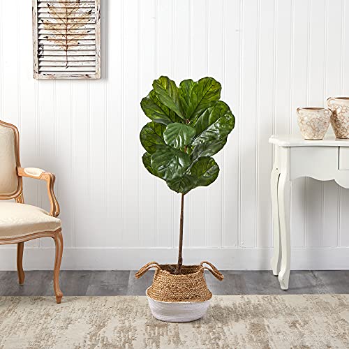 4Ft. Fiddle Leaf Artificial Tree In Boho Chic Handmade Cotton & Jute White Woven Planter Uv Resistant (Indoor/Outdoor) #TOP2