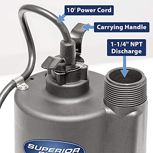 Superior Pump 92250 1/4-Hp Thermoplastic Submersible Sump Pump With Tethered Float Switch #TOP4