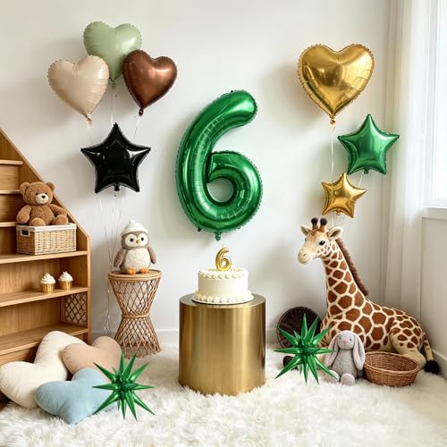 Image of TONIFUL 6th Birthday Balloons 40 Inch Green Large Number 6 Foil Balloon 18 Inch Helium Mylar Heart Star Shaped Ballons for Boys Men Birthday Anniversary Graduation New Year Eve Party Decoration