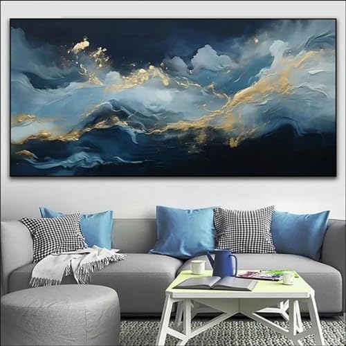 Peinture murale paysage bleu or en impression sur toile grand format
