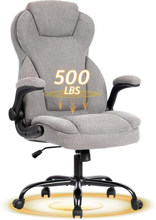 500LBS Big and Tall Fabric Office Chair for Heavy People, Ergonomic Heavy Duty Desk Chair with Large Seat, Breathable Gaming Chair, Double Cushion & Flip-Up Armrests & Adjustable Height, Greycloth