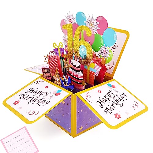 Tarjeta Cumpleaños 3d Pop Up Tarjetas Felicitacion Cumpleaños 16th Birthday Card para Hombres y Mujeres Familias Amantes Amigos y Niños (A 16)
