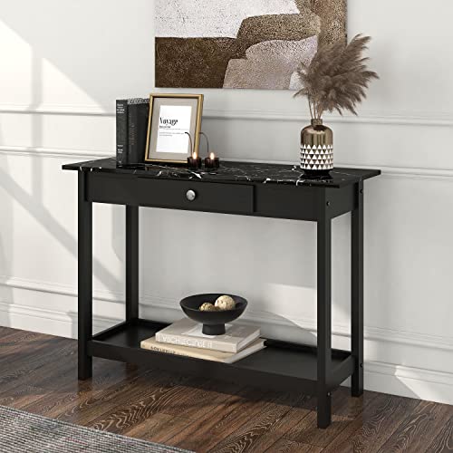 Furniture Of America Blake Modern 1-Drawer Faux Marble 42 In. Sofa Table With Shelf For Display, Decorate Living, Hallway, Bedroom, Dressing Room, Black #TOP1