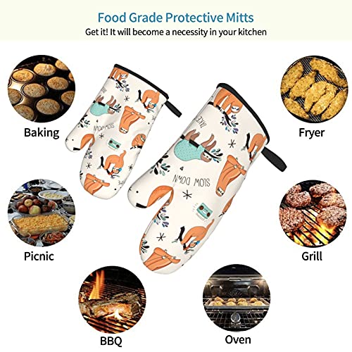 Sloth Listening To Music Oven Mitts, Heat Resistant Non-Slip Waterproof With Soft Cotton Lining Gloves For Kitchen Cooking Baking Bbq(2Pcs) #TOP4