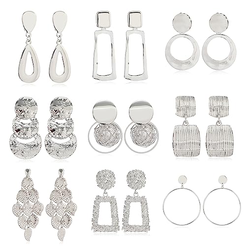 Hifot 9 Paires Boucles d'oreilles Pendantes Argent Femme, Carré Rondes Boucles d'oreilles Clips...