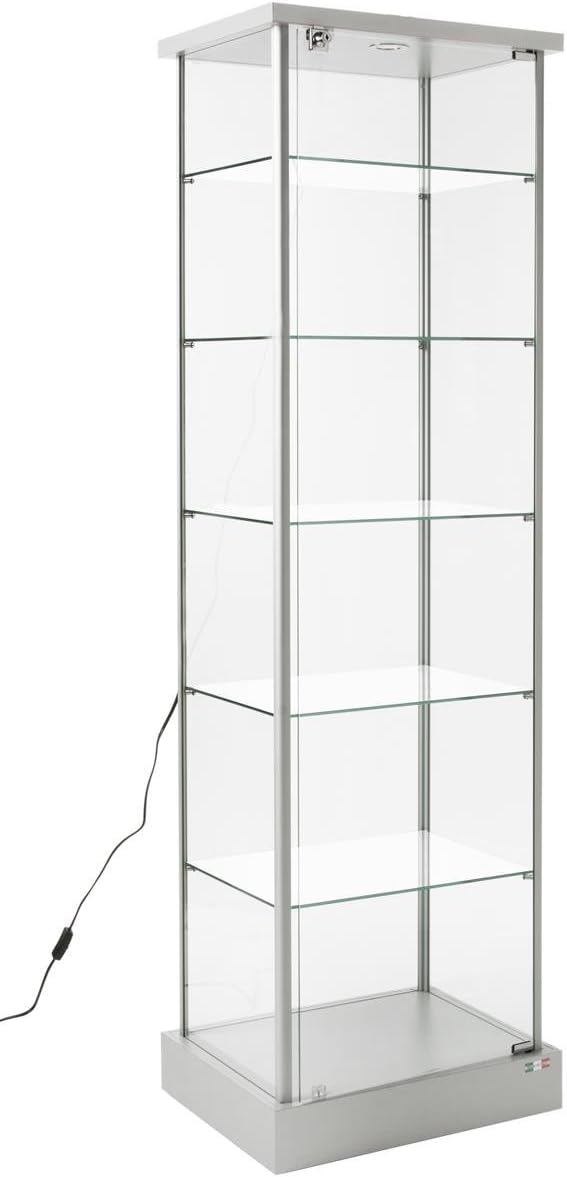 Displays2go Glass Tower Showcase, 5 Adjustable Shelves, Wheels, LED Light, Silver (153CPLEDSL)
