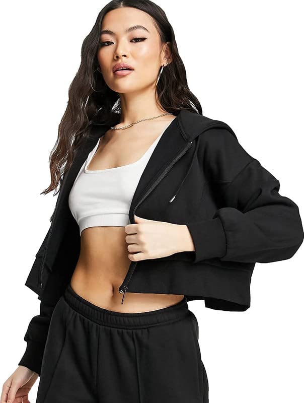 Cropped Cottonblend Zipper Women with Hood Plain Solid-image-19