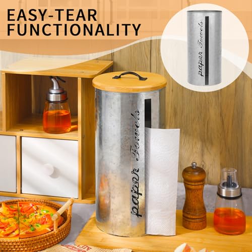 Beeveer Farmhouse Paper Towel Holder Metal Countertop Paper Towel Dispenser with Wooden Lid Rustic Paper Towel Holder Distressed White for Home Country Bathroom Kitchen 6.3 x 6.3 x 13.4\'\' (Silver)