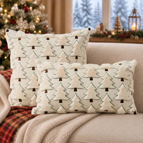 Image of Allorry Christmas Pillow Covers 12x20 inch Set of 2 Christmas Decorations Soft Plush Faux Fur Wool Beige Xmas Tree Throw Pillow Cases Winter Holiday Decor for Sofa Living Room PT-012C12
