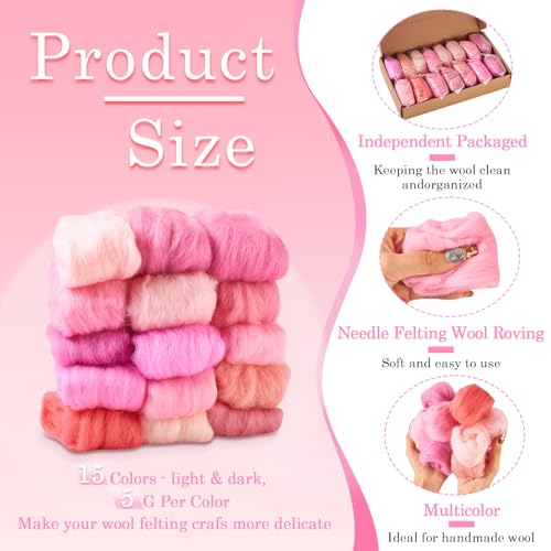 Image of Magibeasd 2.55 oz Wool Roving for Needle Felting Nature Wool Yarn Kit Variety Pink Tones for Beginners Felted Crafts DIY Materials Hand Spinning Supplies