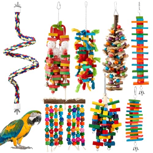 Image of Seenelling 8 Pcs Extra Large Bird Toys for Parrots, Mixed | Multicolored Natural Wooden Blocks & Beads Bells, Bird Cage Chewing Toys for Large Medium Macaws African Grey Cockatoos