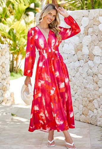Image of Sissyaki Womens Long Sleeve Summer Maxi Dress 2026 Floral Dress Spring Wedding Guest Dress Coral Red-Watercolour S