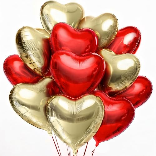 Image of KatchOn, Red and Gold Heart Balloons, 12 Pack, 18 Inch, Foil /Mylar, Helium Supported, Valentine's Day, Adult, Unisex, Love, Balloons