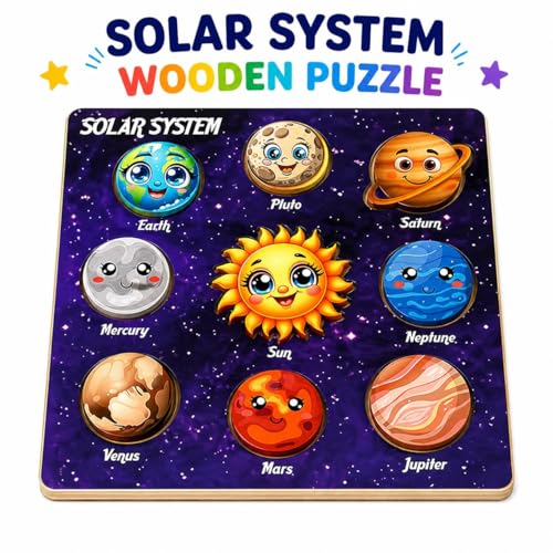 Image of Solar System Wooden Puzzle for Kids 3-6, Space Toys, Planets Preschool Learning Activities, Gift for Boys and Girls, 9 Pieces