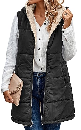 ECOWISH Women Long Puffer Vest: Fall Zip up Reversible Fleece Jacket 2025 Winter Warm Sleeveless Hooded Coat with Pockets