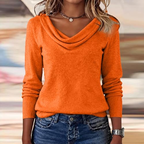 Women's Lightweight Cowl Neck Sweater Long Sleeve Fall Knit Top 2026 Orange - image 3
