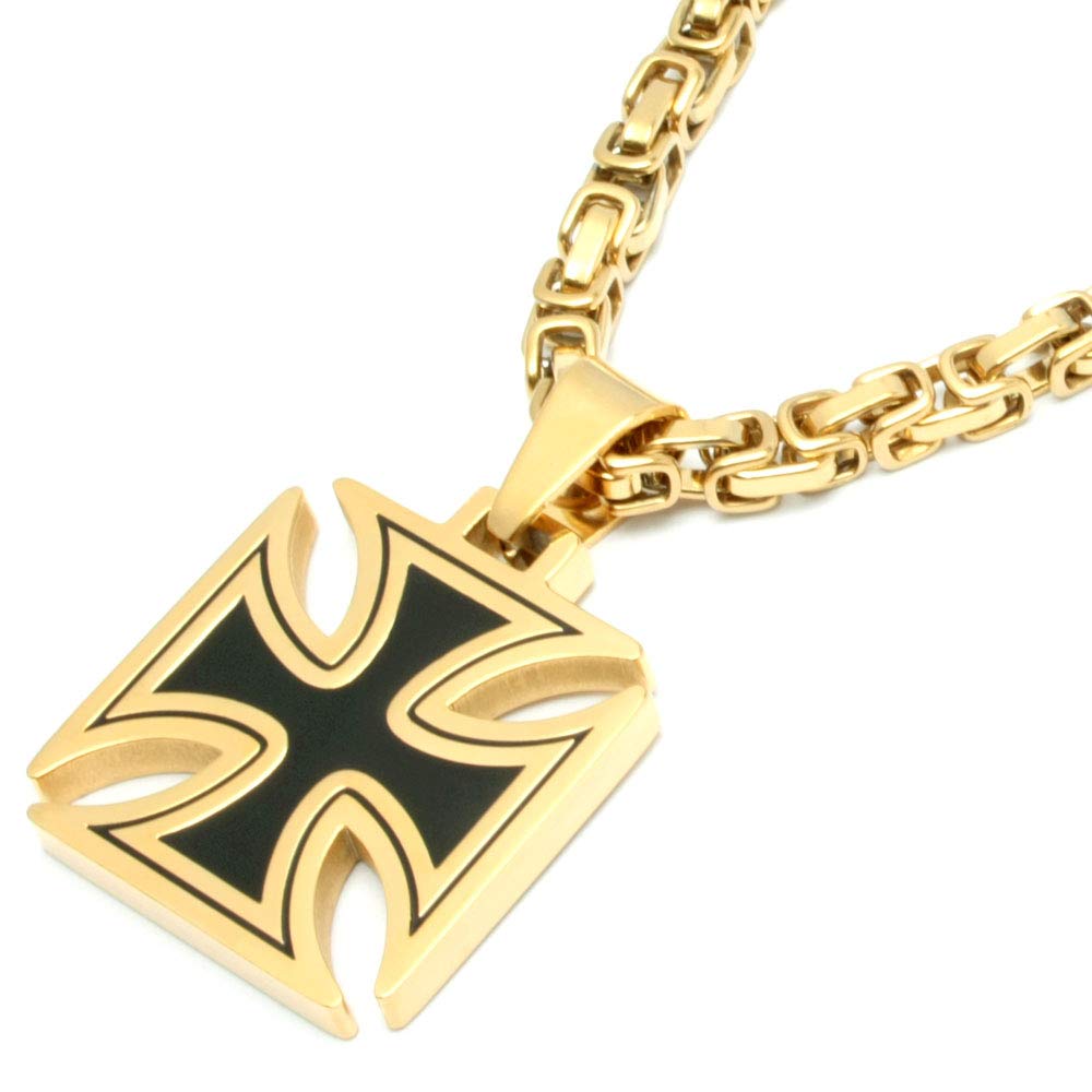 Eisernes Kreuz Anhänger aus Edelstahl schwarz Gold massiv + 60cm Königskette Bikerschmuck Rockerschmuck Männerschmuck Ritterkreuz Tatzenkreuz vergoldet