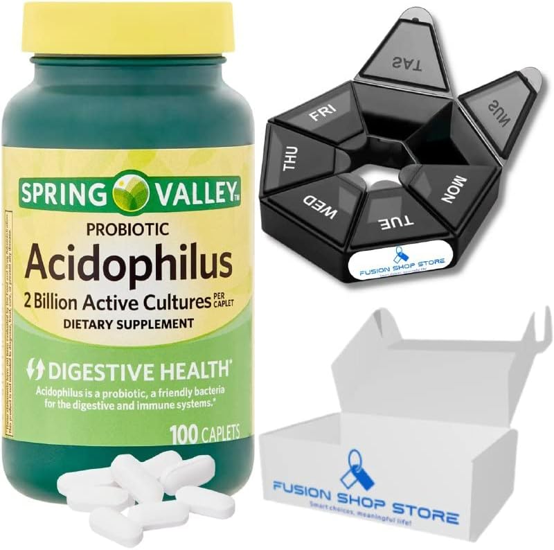 Spring Valley Digestive Enzymes-Acidophilus Probiotic, 100 caplets (1 Pack), Set with Fusion Shop Store Week case (1)