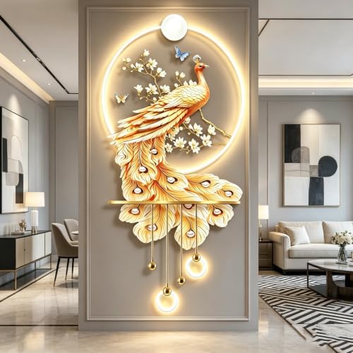 3D Peacock Wall Art with LED Lights Crystal Porcelain Art Sculpture