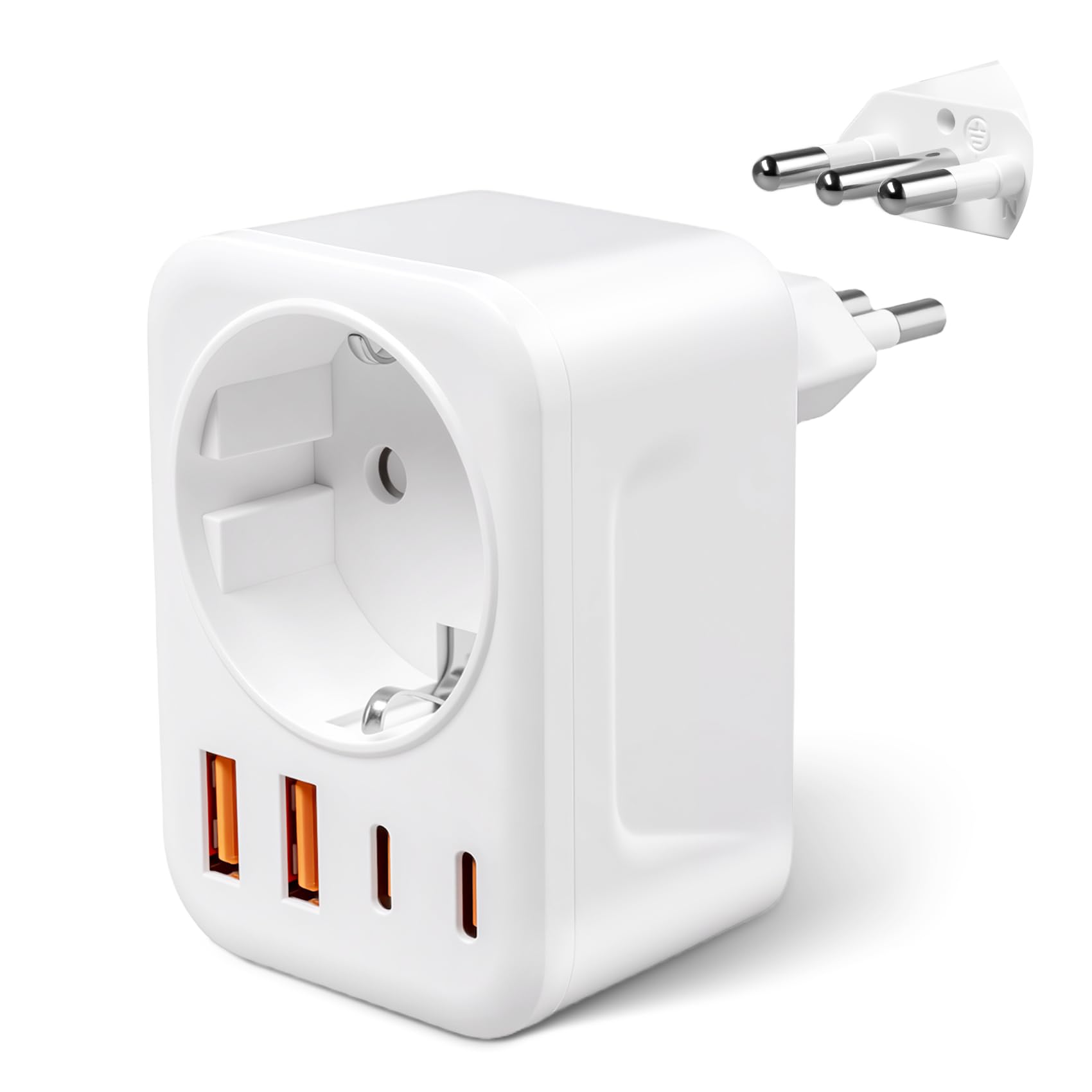Adaptateur Prise Italien avec 1 Prise CA, 2 Ports USB-A et 2 Ports USB-C (3,4 A) Adaptateur de Prise de Voyage de Type L FR vers IT pour l'Uruguay, Le Chili, l'Éthiopie, l'Italie, la Libye, la Syrie