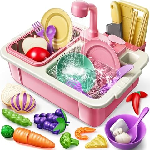 Geyiie Kids Sink with Running Water, Toddler Kitchen Sink Toy with Real Faucet, Chopping Foods, Play Dishes and Dish Rack, 30Pcs Pretend Dishwasher Toys Accessories, Learning Gift for Girls Boys Cover