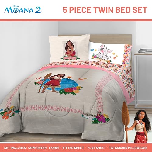 Image of Disney Moana Twin Comforter Set 5 Piece Kids Bedding for Girls, Beige