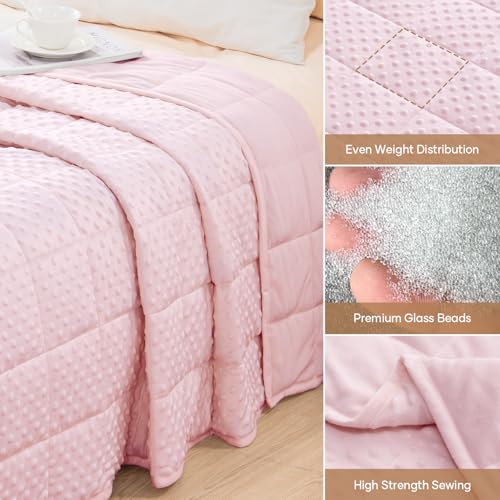 Image of Wemore Minky Dot Weighted Blanket for Adults Queen Size 15 lbs, Soft Cozy Heavy Blanket for Stress Relief and Sleep Promotion, Breathable Blanket for All-Season with Glass Beads, Pink 60 x 80 inches