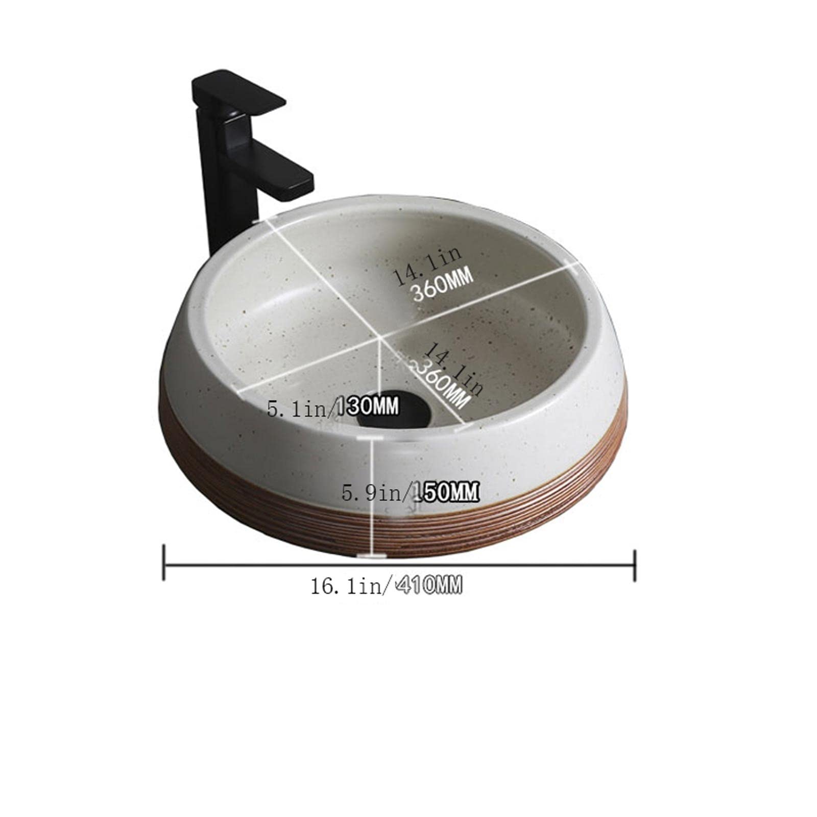 Luxuriöses rundes Aufsatzwaschbecken – 41 x 36 x 15 cm (16,1 x 14,1 x 5,9 Zoll) Elegantes Keramik-Waschbecken für Moderne Badezimmer, künstlerisches Design, Einheitsgröße