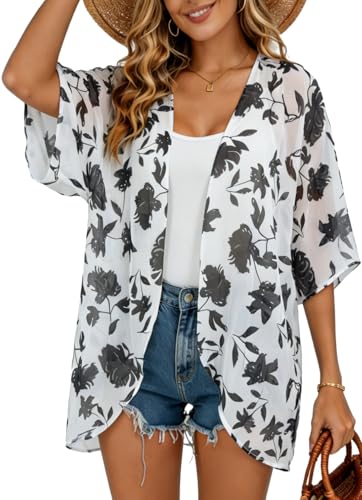 Image of FINOCEANS Womens Floral Chiffon Kimono Cardigans Loose Beach Cover Up Half Sleeve Tops