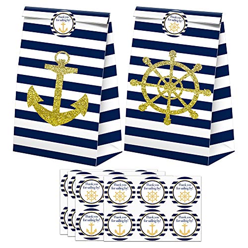 Nautical Goodie Bags-24 Pcs Nautical Party Favors Candy Bags with Stickers, Nautical Goody Gift Treat Bags Nautical Themed Birthday Party Supplies