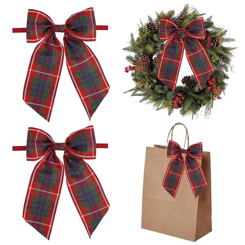 AIMUDI Christmas Bows for Gift Wrapping 6×9'' Red and White Plaid Bows for Christmas Tree Wreath Bows with Wire Edge Premade Bows for Craft Present Indoor Holiday Christmas Decorations, 10 PCs