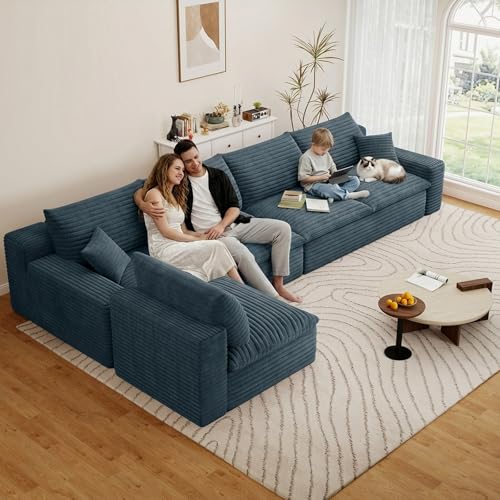 Image of 136 inch Cloud Couch Modular Sectional Sofa for Living Room, L-Shape Boneless Couch with Deep Seat, Modern Corduroy 5-Seater, No Assembly Required,Blue