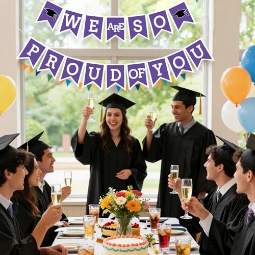 Image of Purple We Are So Proud Of You Banner Congrats Grad Cap Bunting Flag Grad Party Decoration Idea