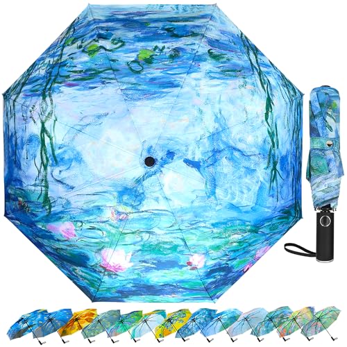 Ucrinei Van Gogh Folding Umbrella, Travel Umbrella with Starry Night Design, Auto Open & Close - Portable Compact Umbrella - Lightweight & Packable for Women & Men (Water Lilies A)