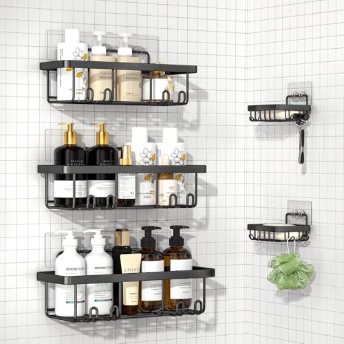 Ymozto Adhesive Shower Caddy,5 Pack Rustproof Stainless Steel Bathroom Organizers and Storage,Large Capacity Bathroom Shower Organizer,No Drilling Shelves for Storage & Home Decor,Black