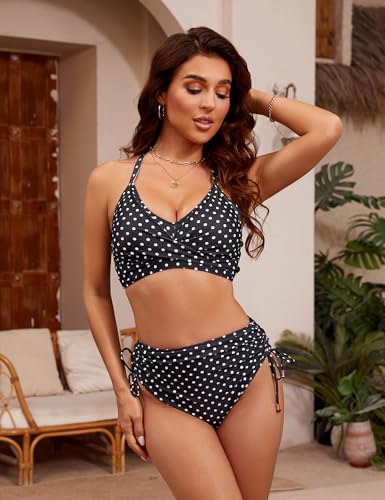 Image of Blooming Jelly Womens High Waisted Bikini Sets Drawstring Tummy Control Swimsuits Crisscross Tie Back Bathing Suit