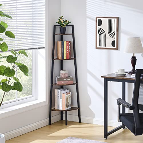 Hoctieon Corner Shelf, 4-Tier Corner Bookshelf, Rustic Corner Ladder Shelf, Industrial Display Shelf For Living Room, Kitchen, Home Office, Balcony, Small Space, Metal Frame, Rustic Brown #TOP6