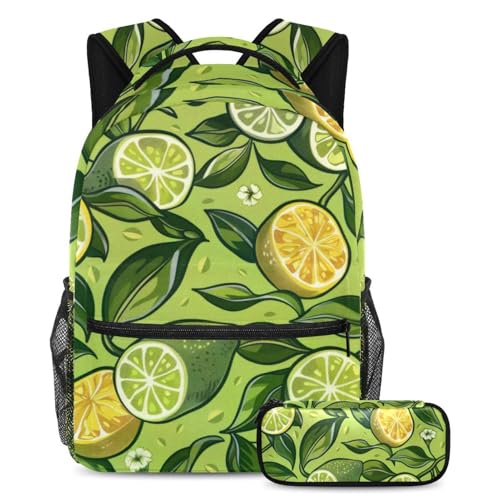 Sac à dos citron vert 2 pièces grand format avec trousse assortie pour l'école et les voyages