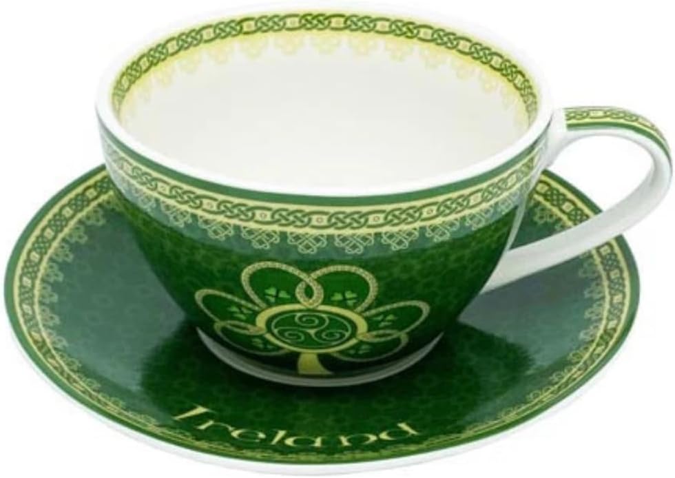 Shamrock Cup and Saucer Irish Celtic Tea Coffe Mug New Bone China 10.2fl oz, Medium, Green