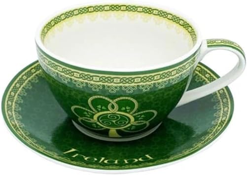 Royal Tara Shamrock Cup and Saucer Irish Celtic Tea Coffe Mug New Bone China 10.2fl oz, Medium, Green