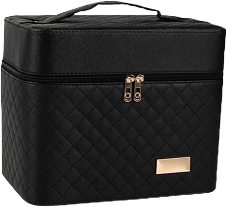 KOMBIUDA Black Double Layer Makeup Train Case with Compartments PU