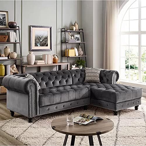 ES ESPINHO ESPN0070 Solid Sal Wood Velvet Upholstered 3 Seater Right Hand Side Facing Button Tufted Chesterfield Modular, Sectional, Corner L Shape Sofa Set for Living Room, Grey Color
